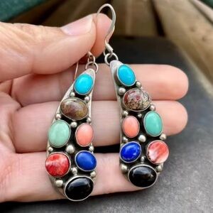 Vintage Natural Stones Earrings – Turquoise Coral Onyx Gem Dangles